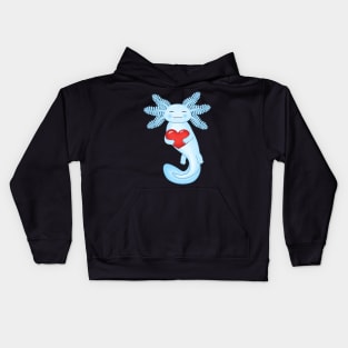 Cute Blue Axolotl holding a red heart Kids Hoodie